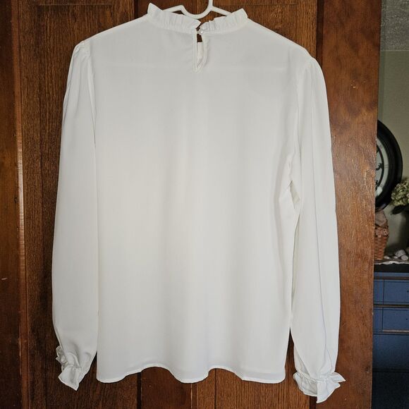 NEW LYANER White Frill Mock-Neck Blouse Size S – Pleated Long-Sleeve Feminine To - Picture 6 of 8